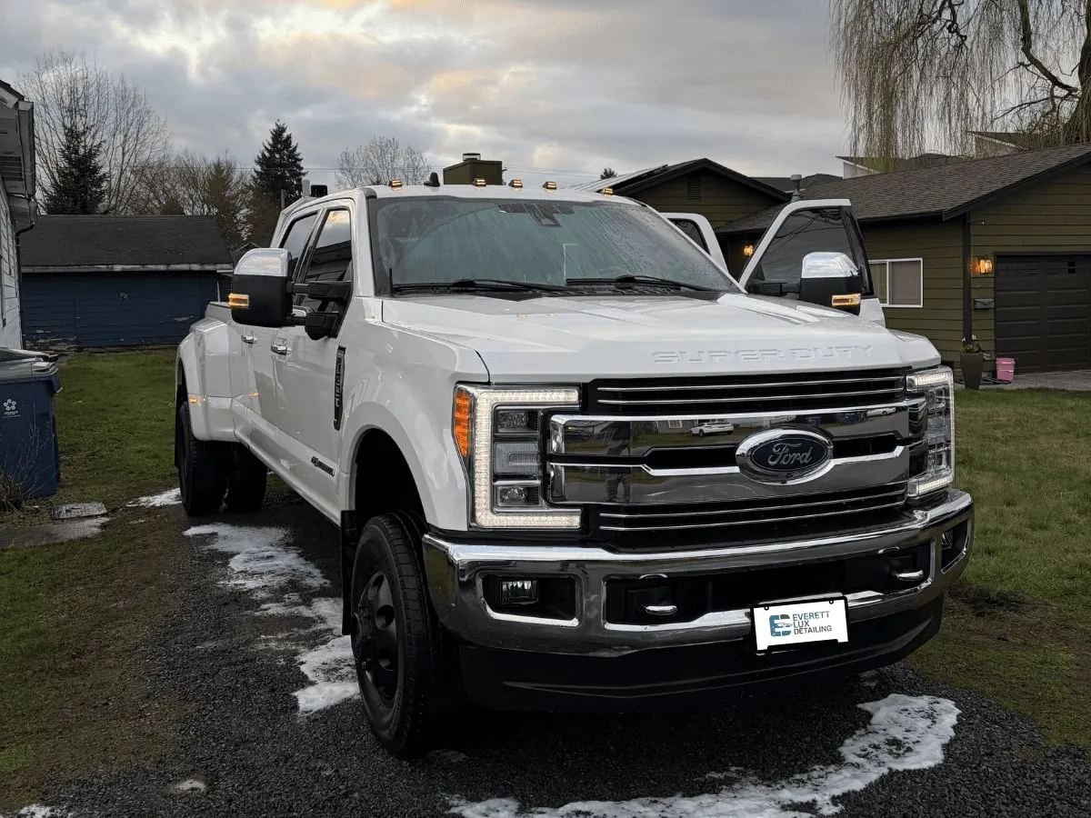 White Ford Super Duty dually pickup after a full detail